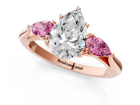 Rose gold Pear Cut Diamond Three-Stone Ring with Pear with Pink Sapphire side stone Side Stones and Prong Setting_1