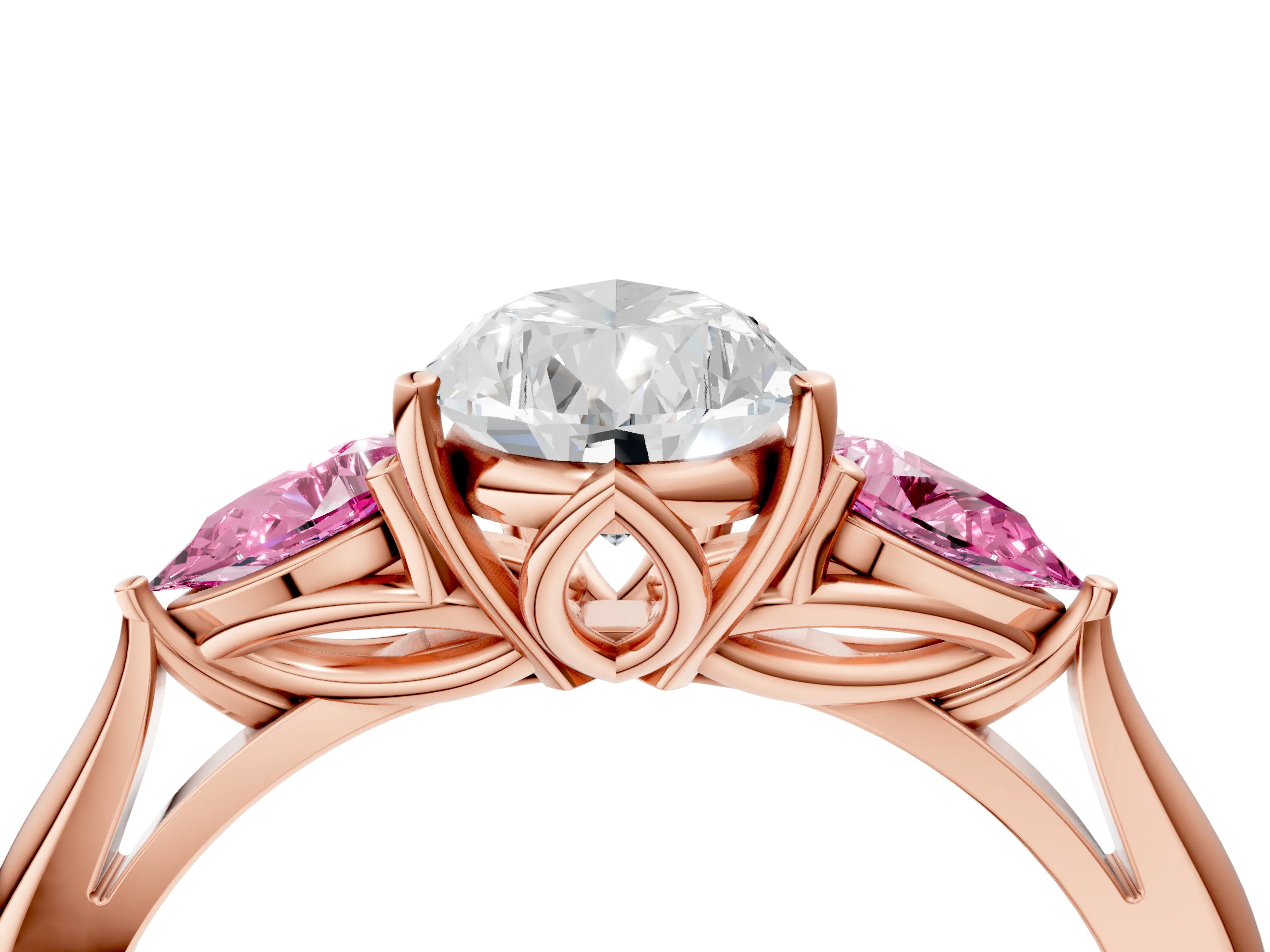 Rose gold Pear Cut Diamond Three-Stone Ring with Pear with Pink Sapphire side stone Side Stones and Prong Setting_4