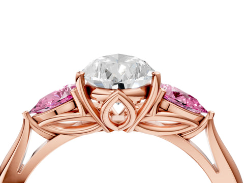 Rose gold Pear Cut Diamond Three-Stone Ring with Pear with Pink Sapphire side stone Side Stones and Prong Setting_4