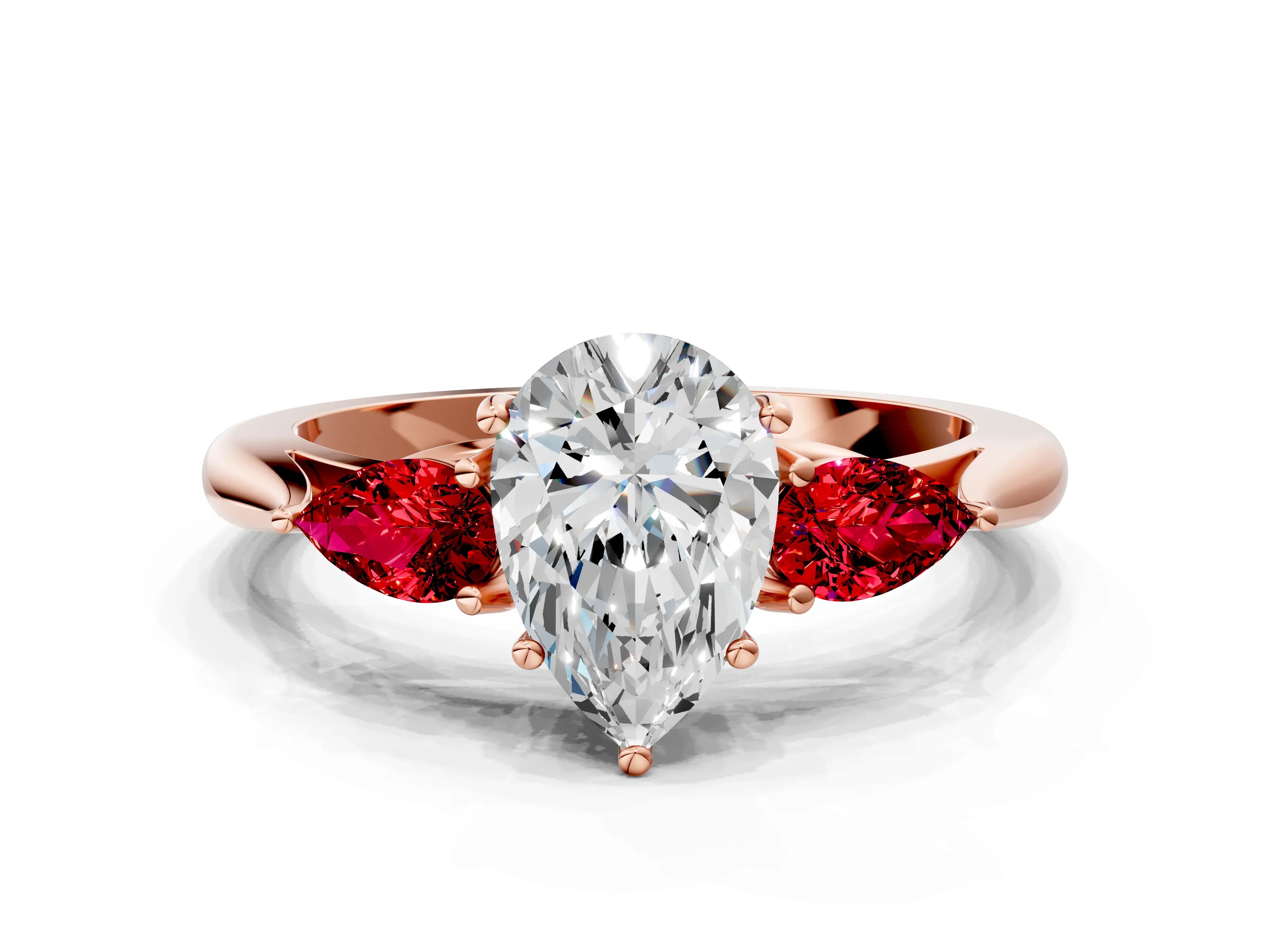 Rose gold Pear Cut Diamond Three-Stone Ring with Pear with Ruby side stone Side Stones and Prong Setting
