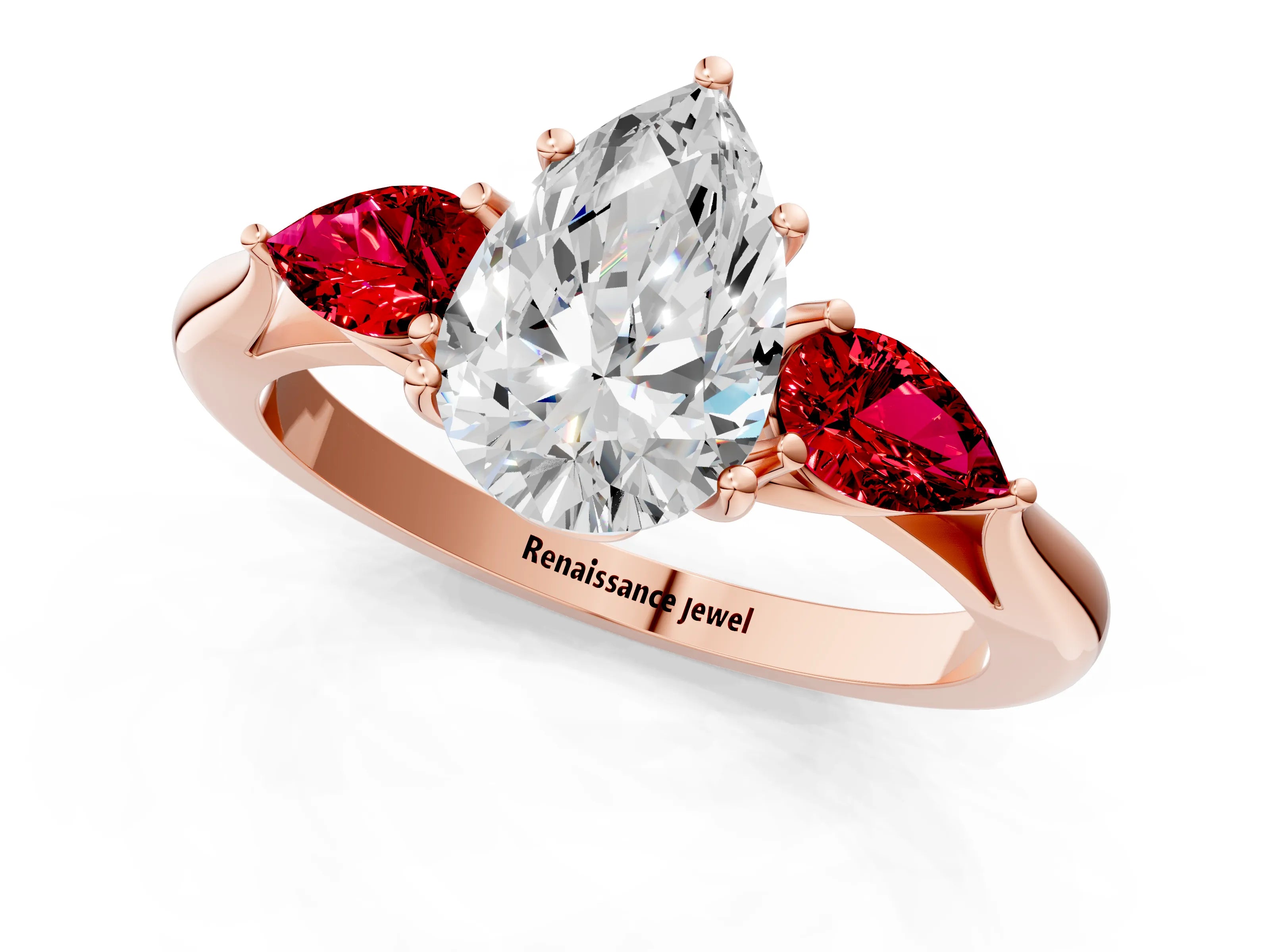 Rose gold Pear Cut Diamond Three-Stone Ring with Pear with Ruby side stone Side Stones and Prong Setting_1