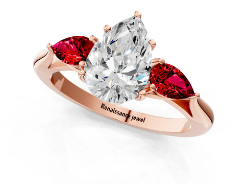 Rose gold Pear Cut Diamond Three-Stone Ring with Pear with Ruby side stone Side Stones and Prong Setting_1