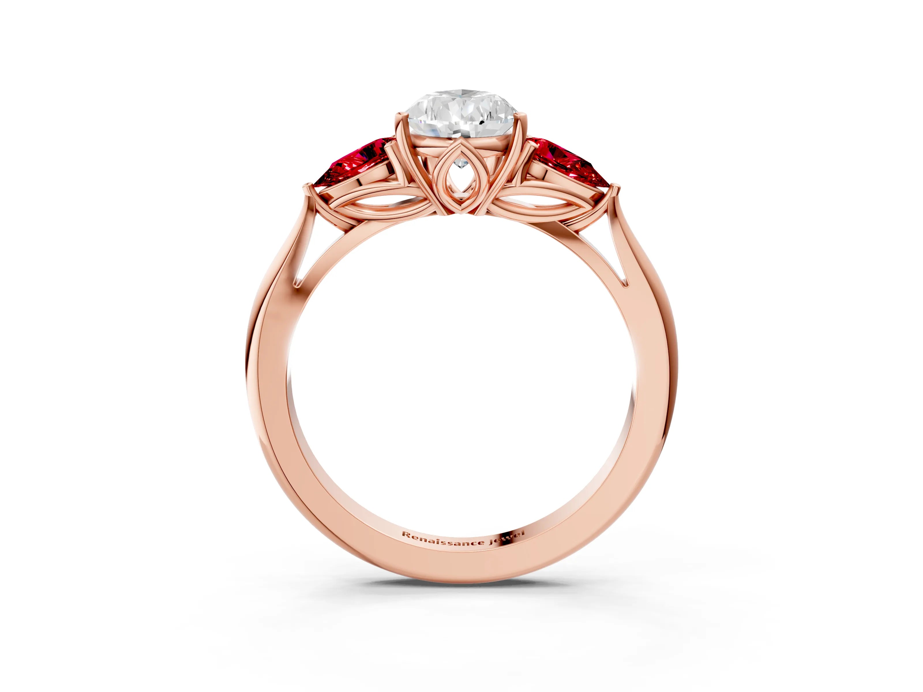 Rose gold Pear Cut Diamond Three-Stone Ring with Pear with Ruby side stone Side Stones and Prong Setting_3