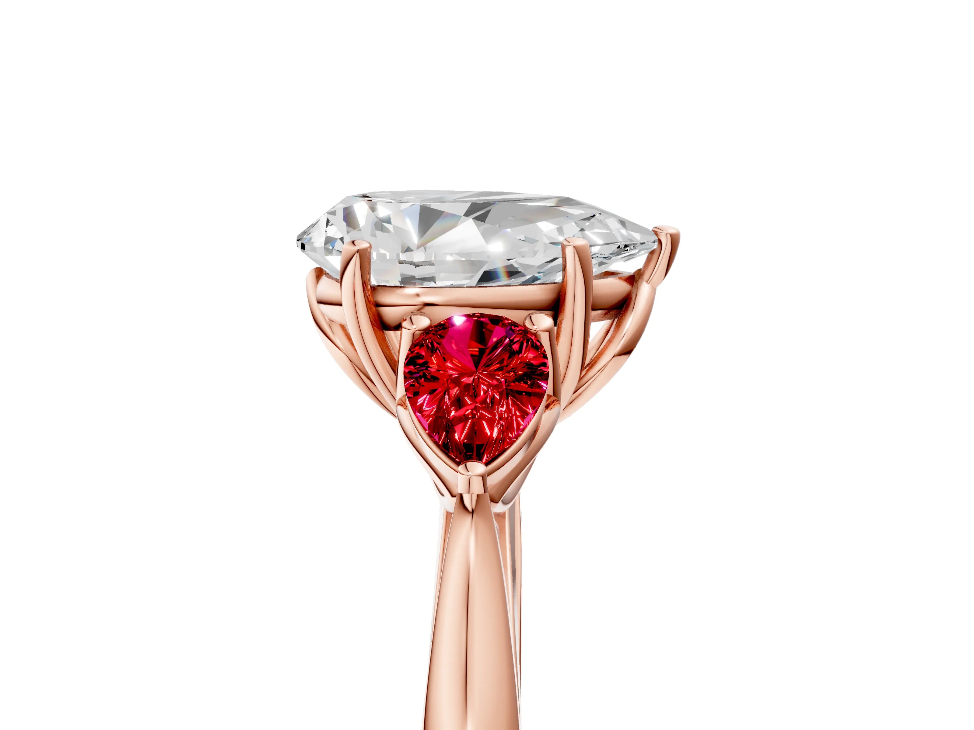 Rose gold Pear Cut Diamond Three-Stone Ring with Pear with Ruby side stone Side Stones and Prong Setting_5