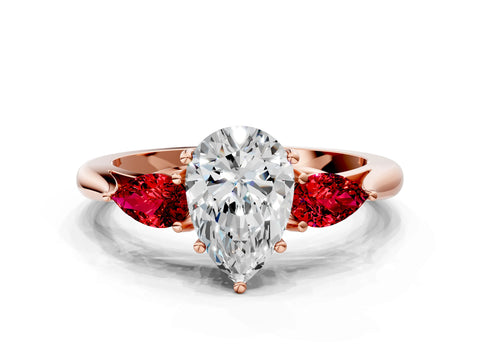 Rose gold Pear Cut Diamond Three-Stone Ring with Pear with Ruby side stone Side Stones and Prong Setting