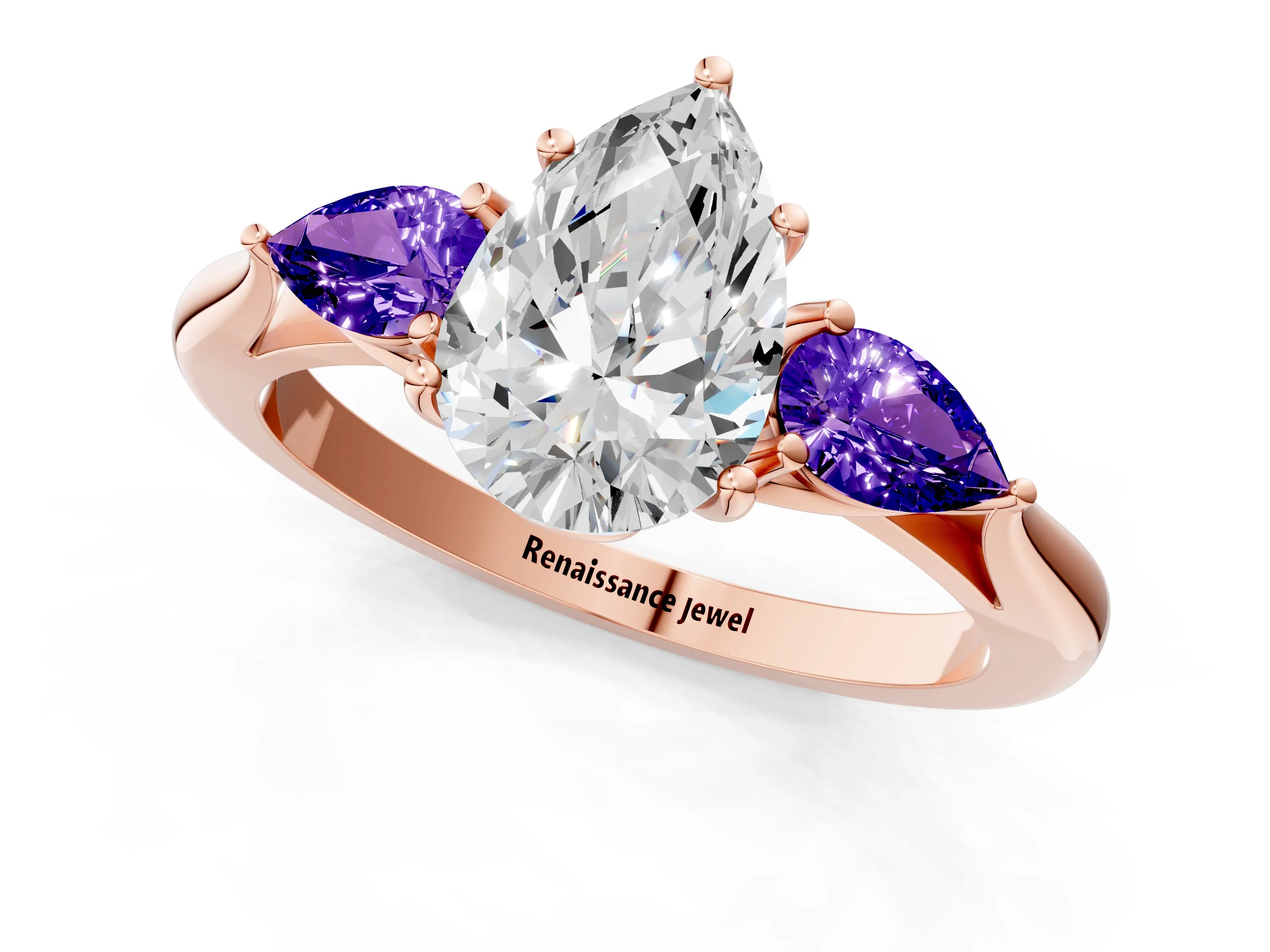 Rose gold Pear Cut Diamond Three-Stone Ring with Pear with Tanzanite side stone Side Stones and Prong Setting_1