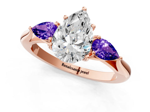 Rose gold Pear Cut Diamond Three-Stone Ring with Pear with Tanzanite side stone Side Stones and Prong Setting_1