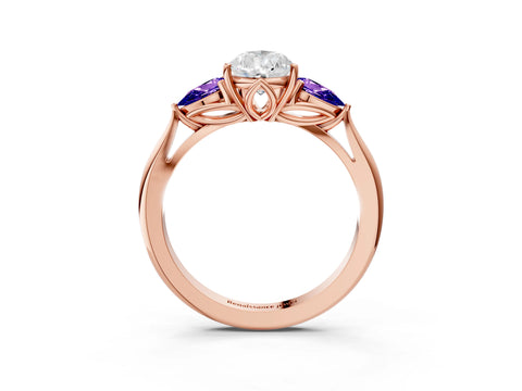 Rose gold Pear Cut Diamond Three-Stone Ring with Pear with Tanzanite side stone Side Stones and Prong Setting_3