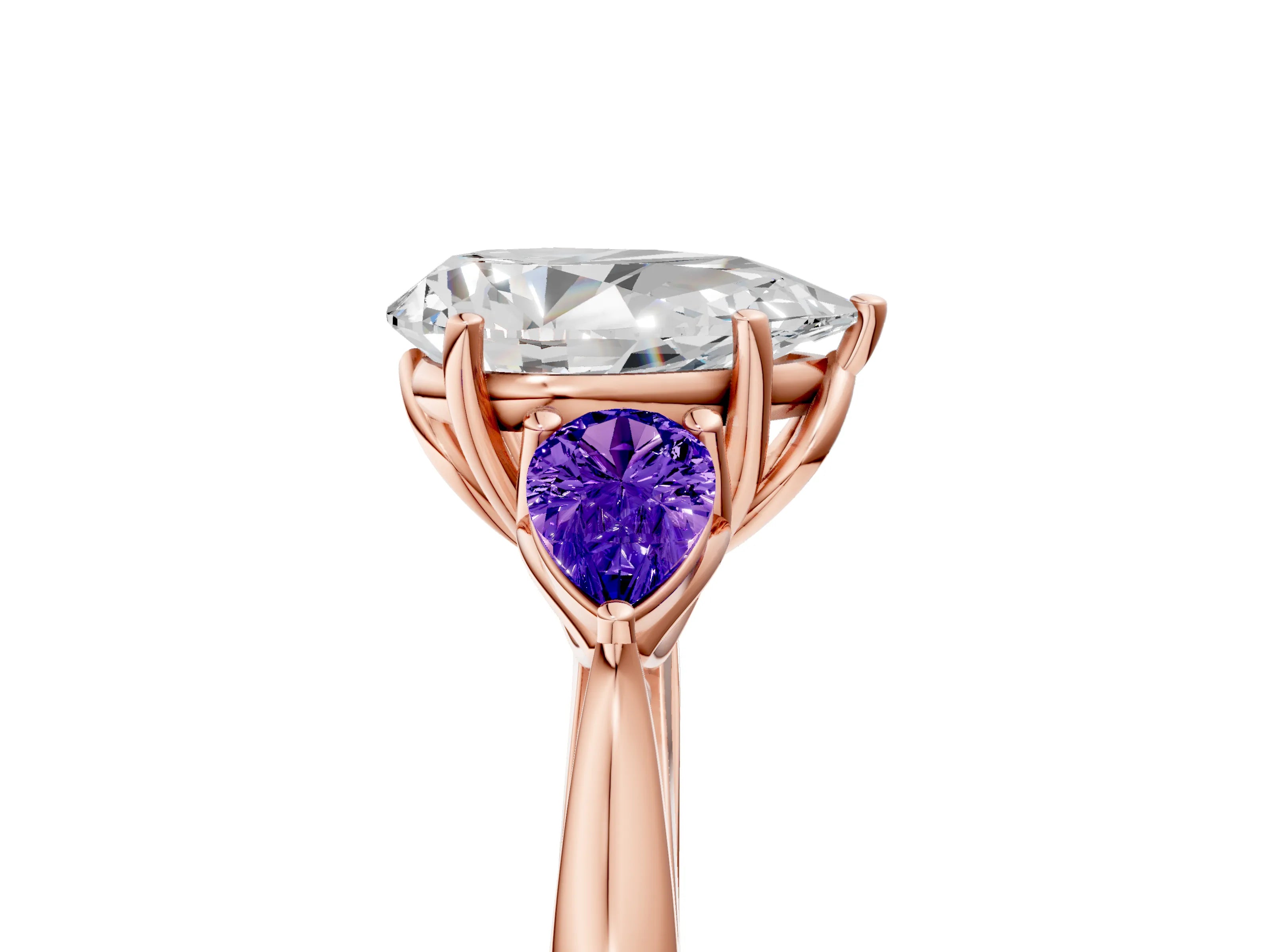 Rose gold Pear Cut Diamond Three-Stone Ring with Pear with Tanzanite side stone Side Stones and Prong Setting_5