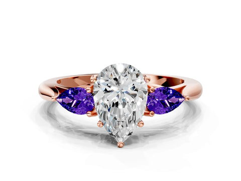 Rose gold Pear Cut Diamond Three-Stone Ring with Pear with Tanzanite side stone Side Stones and Prong Setting