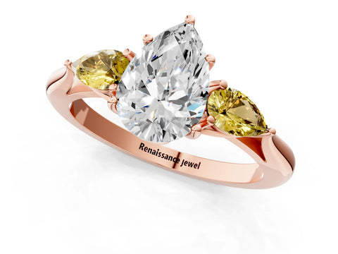 Rose gold Pear Cut Diamond Three-Stone Ring with Pear with Yellow Sapphire side stone Side Stones and Prong Setting_1