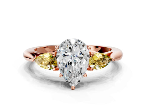 Rose gold Pear Cut Diamond Three-Stone Ring with Pear with Yellow Sapphire side stone Side Stones and Prong Setting