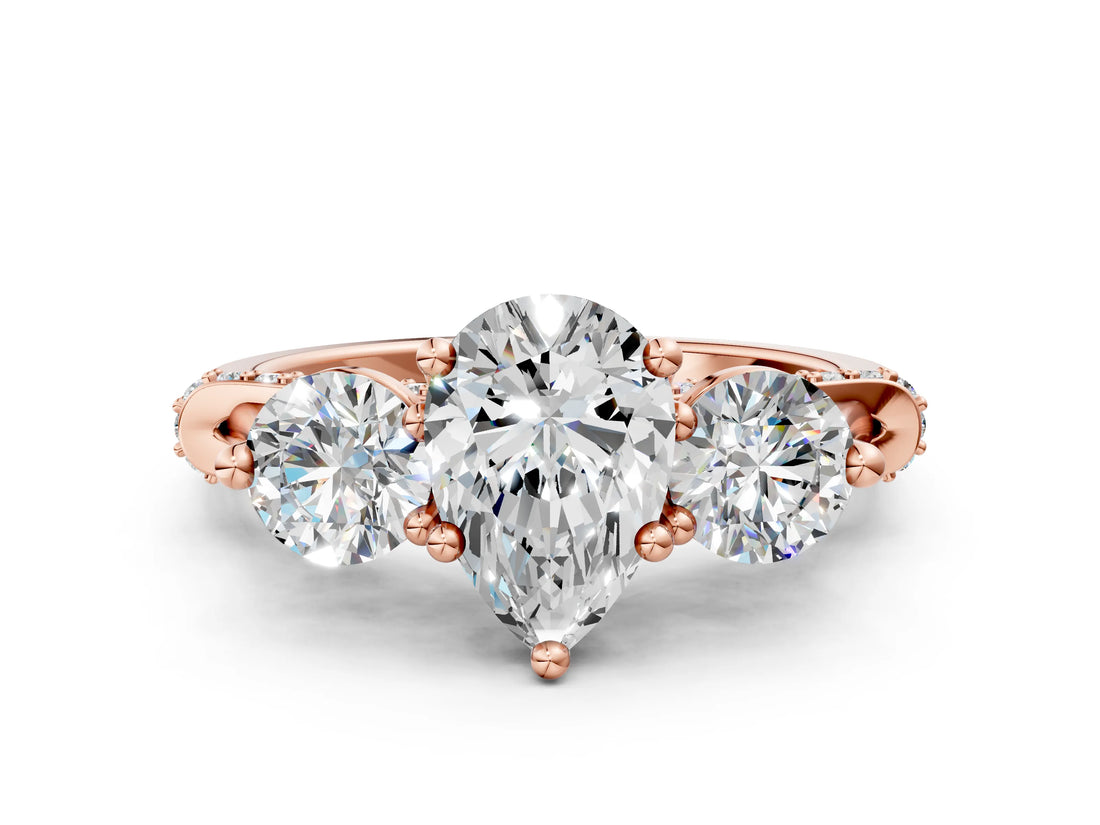 Rose gold Pear Cut Diamond Three-Stone Ring with Prong Setting and Pavé Band_3