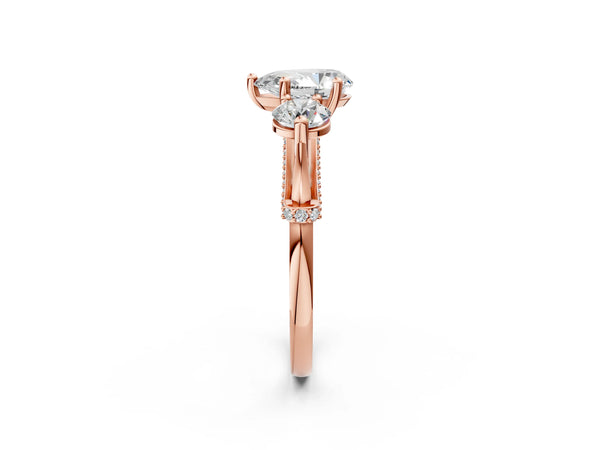 Rose Gold Pear-Shaped Curved Pave Three Stone Engagement Ring Setting