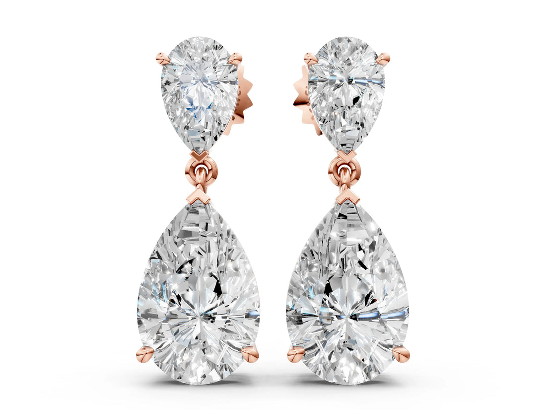 Rose gold Pear Cut Diamond Two Stone Drop Earrings