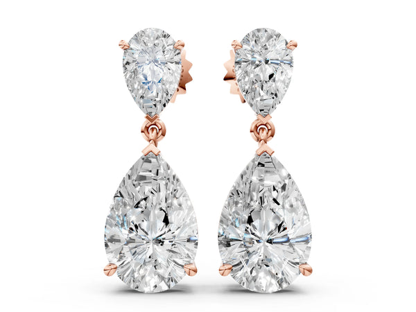 Rose gold Pear Cut Diamond Two Stone Drop Earrings