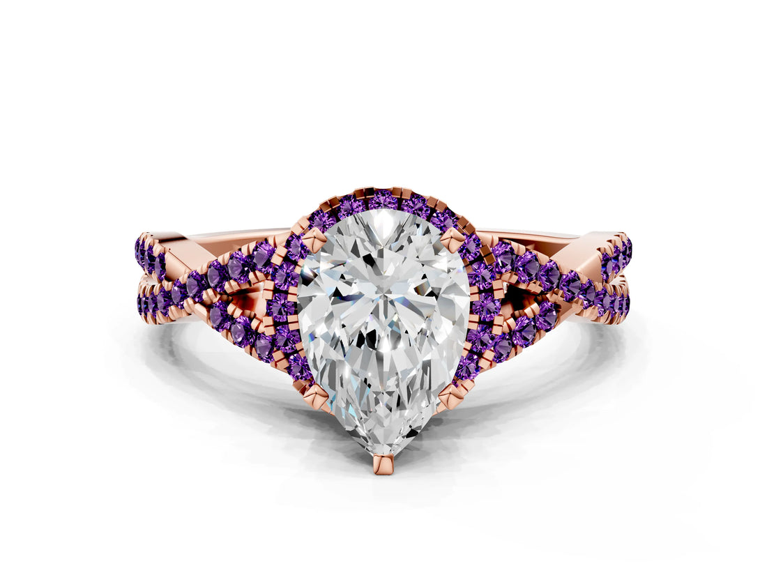 Rose gold Pear Cut Diamond with Amethyst side stone Halo Twist Band Solitaire Prong Setting Ring_12