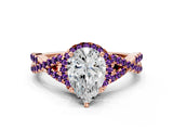 Rose gold Pear Cut Diamond with Amethyst side stone Halo Twist Band Solitaire Prong Setting Ring_12