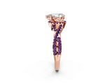 Rose gold Pear Cut Diamond with Amethyst side stone Halo Twist Band Solitaire Prong Setting Ring_14