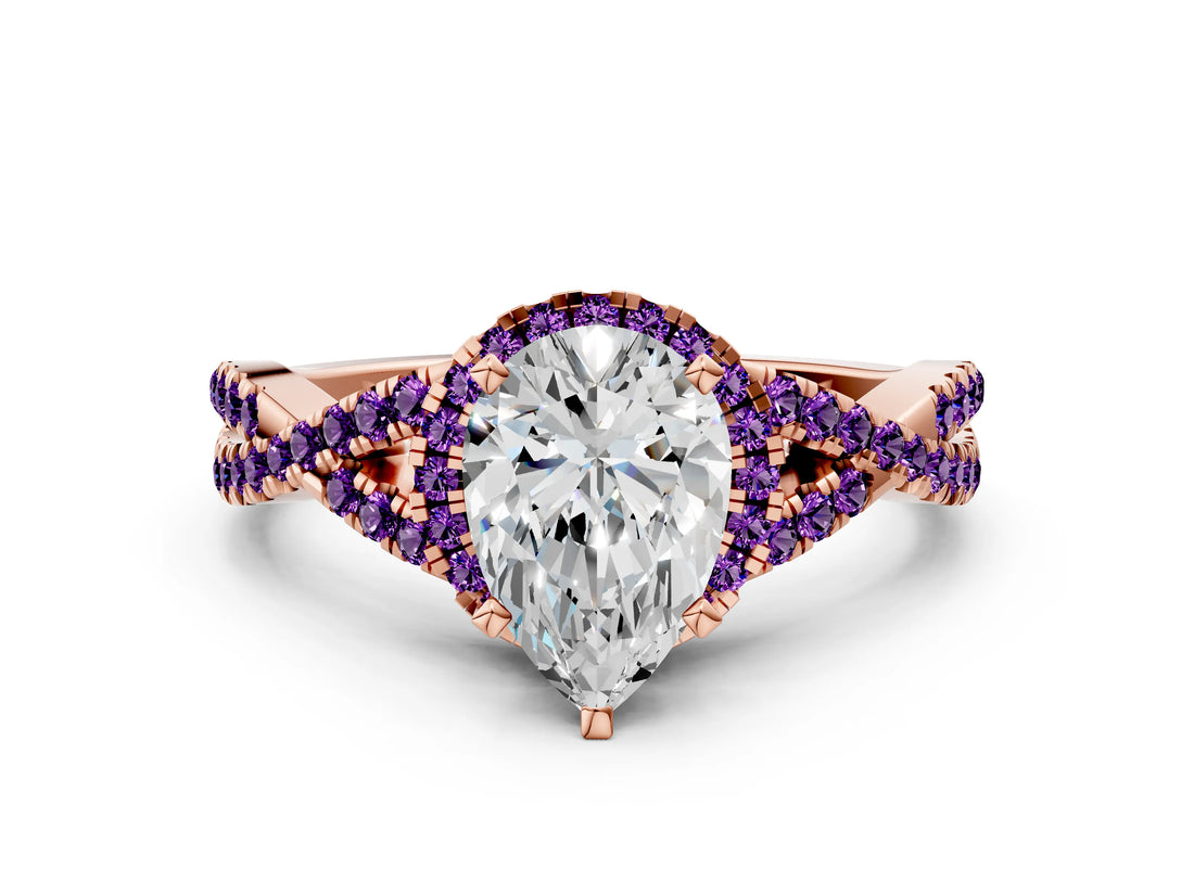 Rose gold Pear Cut Diamond with Amethyst side stone Halo Twist Band Solitaire Prong Setting Ring_36