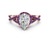 Rose gold Pear Cut Diamond with Amethyst side stone Halo Twist Band Solitaire Prong Setting Ring_36