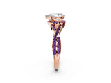 Rose gold Pear Cut Diamond with Amethyst side stone Halo Twist Band Solitaire Prong Setting Ring_38
