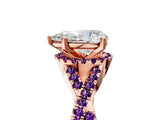Rose gold Pear Cut Diamond with Amethyst side stone Halo Twist Band Solitaire Prong Setting Ring_41