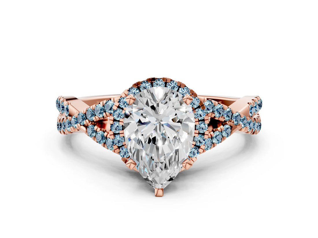 Rose gold Pear Cut Diamond with Aquamarine side stone Halo Twist Band Solitaire Prong Setting Ring_12