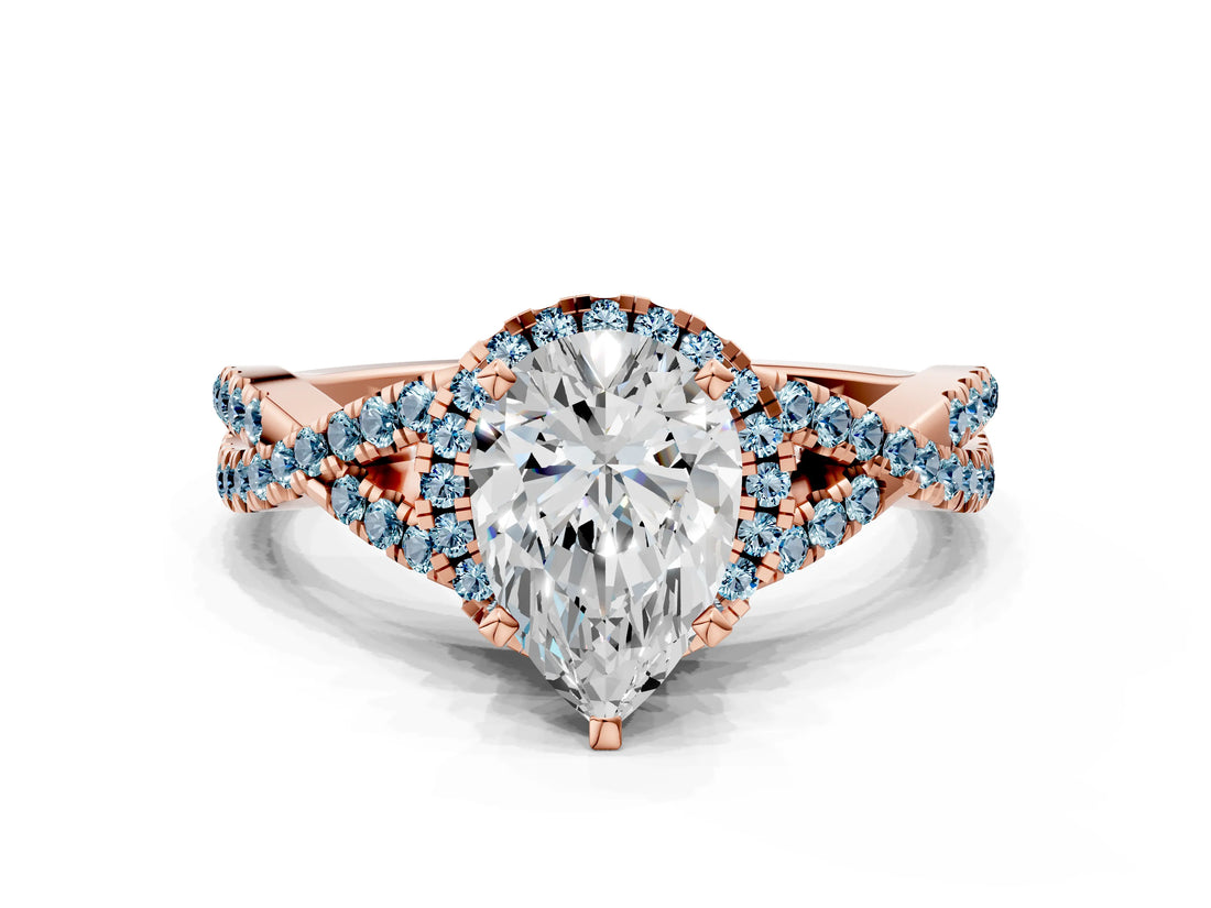 Rose gold Pear Cut Diamond with Aquamarine side stone Halo Twist Band Solitaire Prong Setting Ring_36