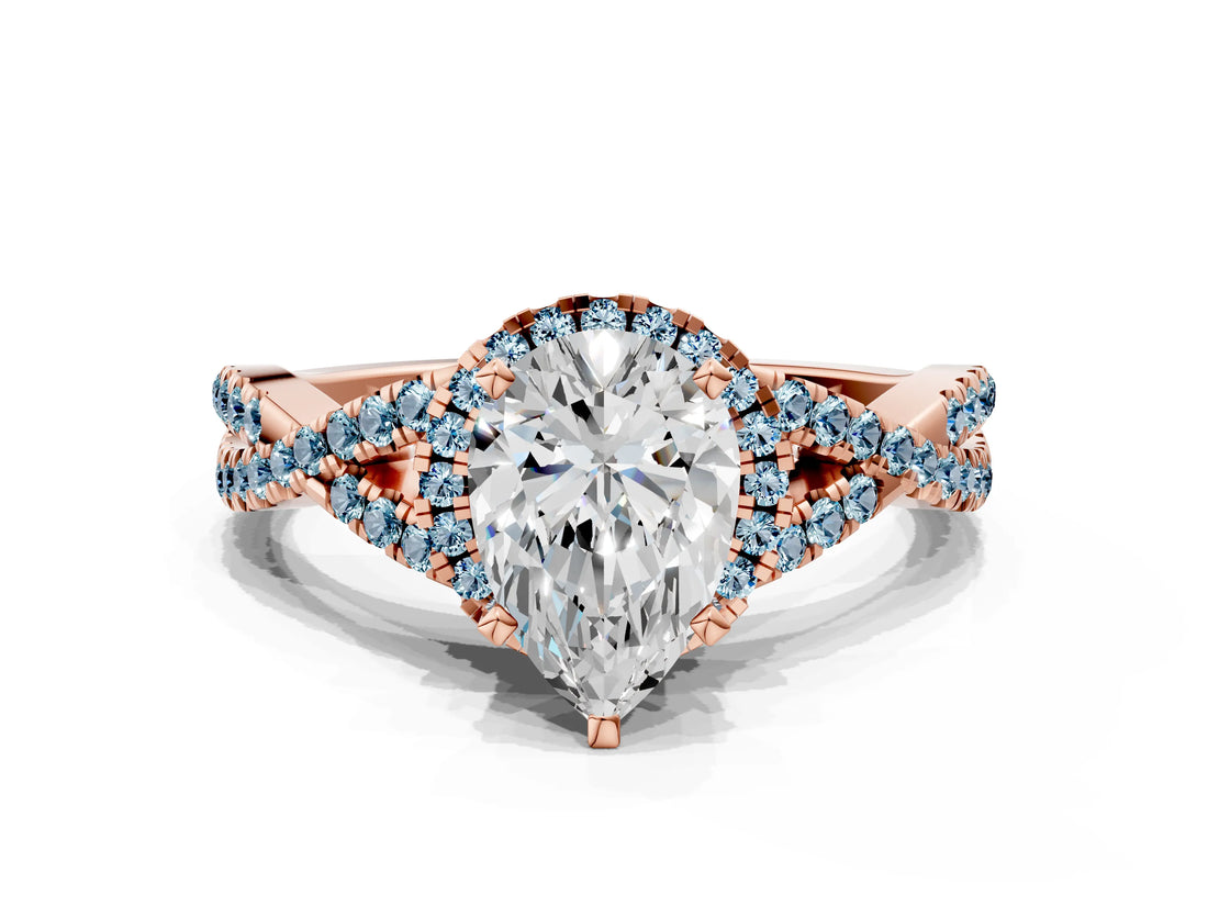 Rose gold Pear Cut Diamond with Aquamarine side stone Halo Twist Band Solitaire Prong Setting Ring_42