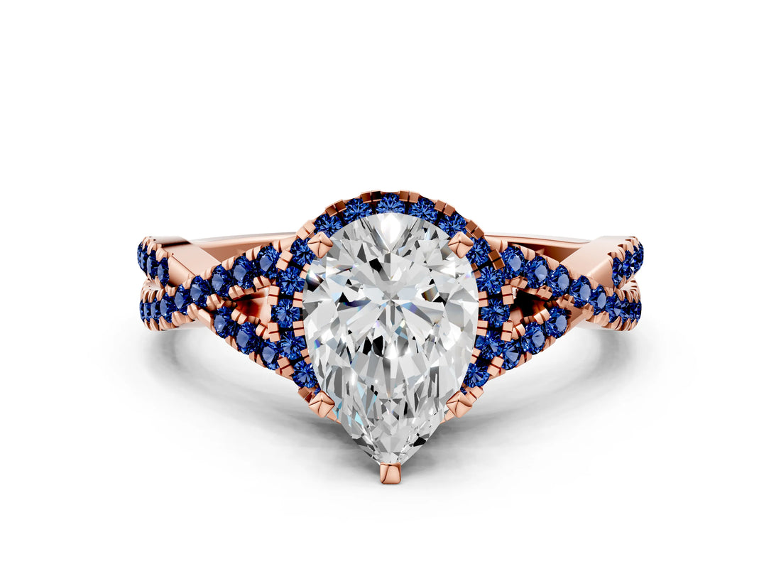 Rose gold Pear Cut Diamond with Blue Sapphire side stone Halo Twist Band Solitaire Prong Setting Ring_12
