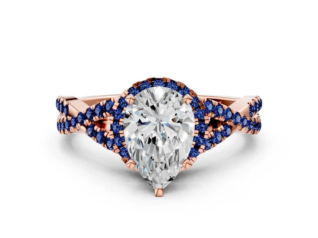 Rose gold Pear Cut Diamond with Blue Sapphire side stone Halo Twist Band Solitaire Prong Setting Ring_36