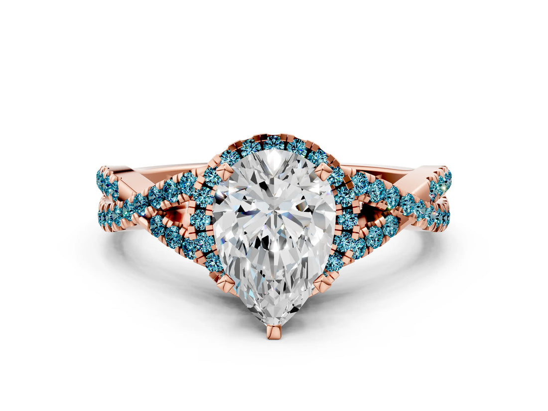 Rose gold Pear Cut Diamond with Blue Topaz side stone Halo Twist Band Solitaire Prong Setting Ring_12