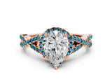 Rose gold Pear Cut Diamond with Blue Topaz side stone Halo Twist Band Solitaire Prong Setting Ring_12
