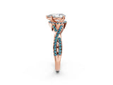 Rose gold Pear Cut Diamond with Blue Topaz side stone Halo Twist Band Solitaire Prong Setting Ring_14