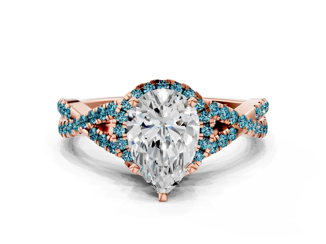 Rose gold Pear Cut Diamond with Blue Topaz side stone Halo Twist Band Solitaire Prong Setting Ring_36