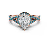 Rose gold Pear Cut Diamond with Blue Topaz side stone Halo Twist Band Solitaire Prong Setting Ring_36