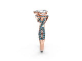 Rose gold Pear Cut Diamond with Blue Topaz side stone Halo Twist Band Solitaire Prong Setting Ring_38