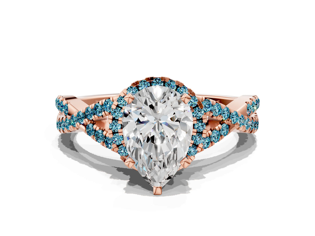 Rose gold Pear Cut Diamond with Blue Topaz side stone Halo Twist Band Solitaire Prong Setting Ring_42