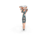 Rose gold Pear Cut Diamond with Blue Topaz side stone Halo Twist Band Solitaire Prong Setting Ring_44