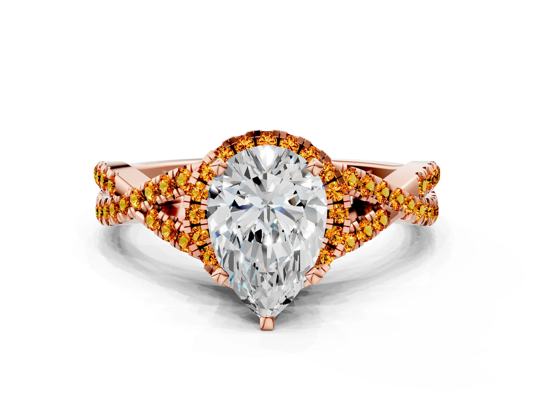 Rose gold Pear Cut Diamond with Citrine side stone Halo Twist Band Solitaire Prong Setting Ring_12