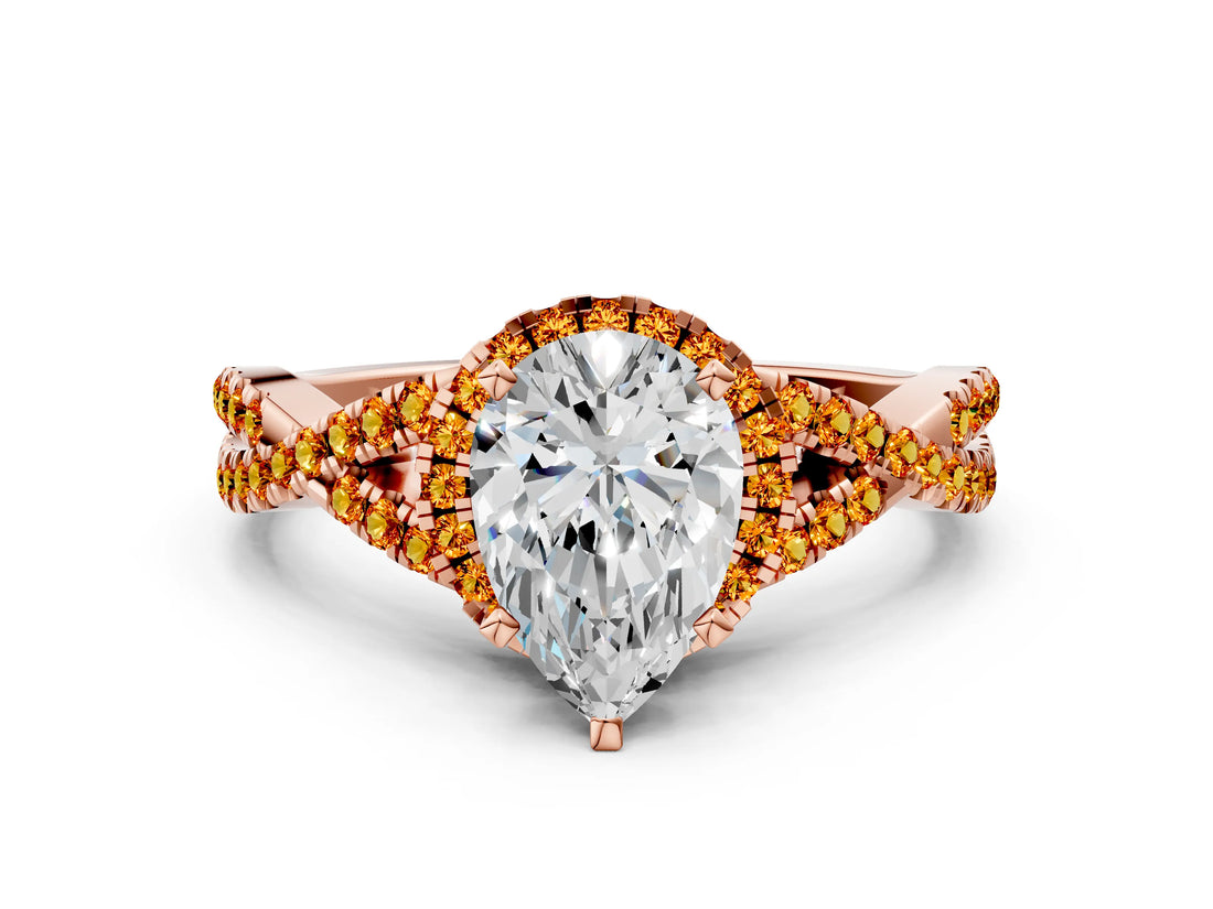 Rose gold Pear Cut Diamond with Citrine side stone Halo Twist Band Solitaire Prong Setting Ring_36