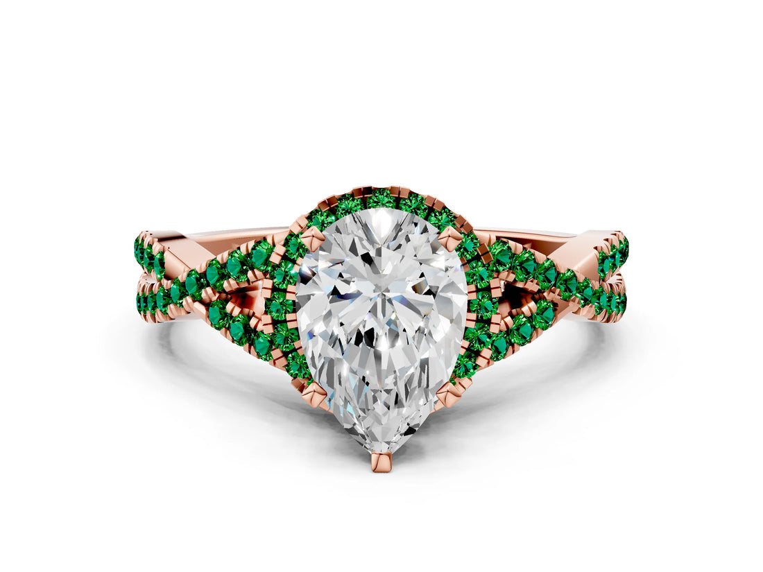 Rose gold Pear Cut Diamond with Emerald side stone Halo Twist Band Solitaire Prong Setting Ring_12