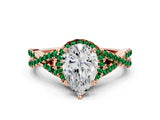 Rose gold Pear Cut Diamond with Emerald side stone Halo Twist Band Solitaire Prong Setting Ring_12