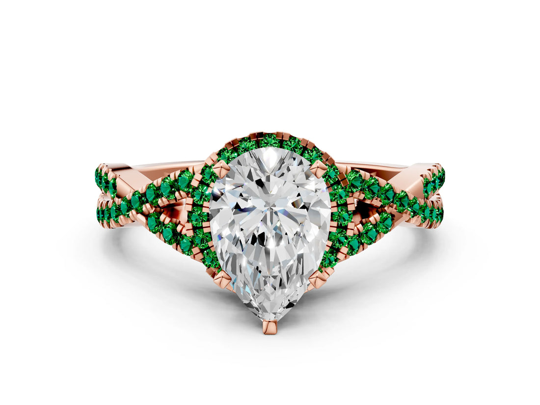 Rose gold Pear Cut Diamond with Emerald side stone Halo Twist Band Solitaire Prong Setting Ring_36