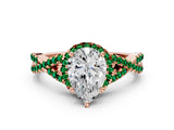Rose gold Pear Cut Diamond with Emerald side stone Halo Twist Band Solitaire Prong Setting Ring_36