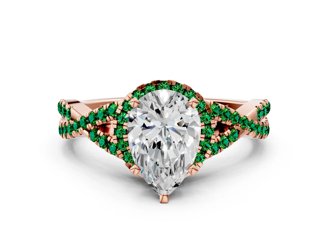 Rose gold Pear Cut Diamond with Emerald side stone Halo Twist Band Solitaire Prong Setting Ring_42