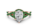 Rose gold Pear Cut Diamond with Emerald side stone Halo Twist Band Solitaire Prong Setting Ring_42