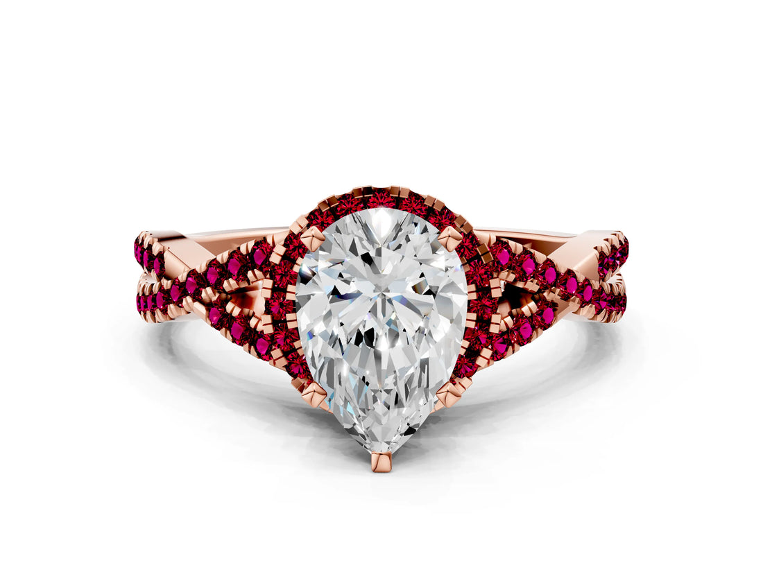 Rose gold Pear Cut Diamond with Garnet side stone Halo Twist Band Solitaire Prong Setting Ring_12