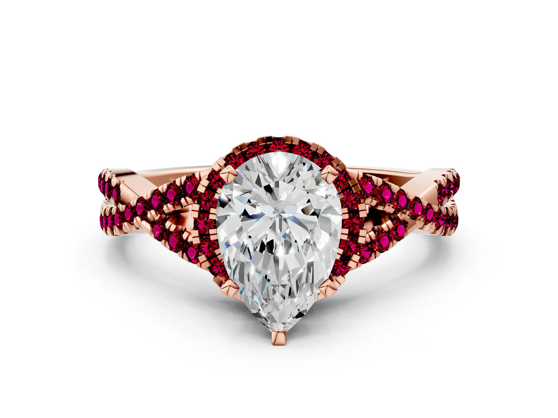 Rose gold Pear Cut Diamond with Garnet side stone Halo Twist Band Solitaire Prong Setting Ring_18